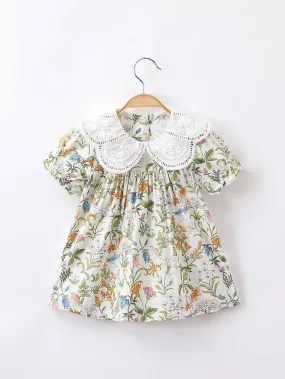 1pc Young Girls' Sweet Floral Pattern Doll Collar Short Sleeve Shirt For Summer