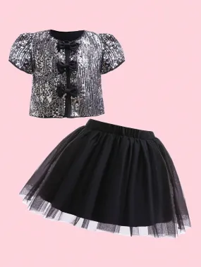 2pcs Girls Vintage Sequined Blouse & Tulle Skirt Set, Elegant Outfit