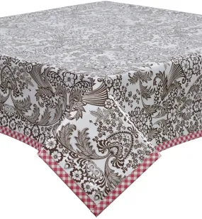 48 x 62 Toile Brown Oilcloth Tablecloth with Pink Gingham Trim