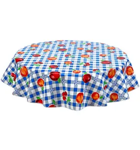 60" Round Oilcloth Tablecloth in Gingham and Fruit Blue