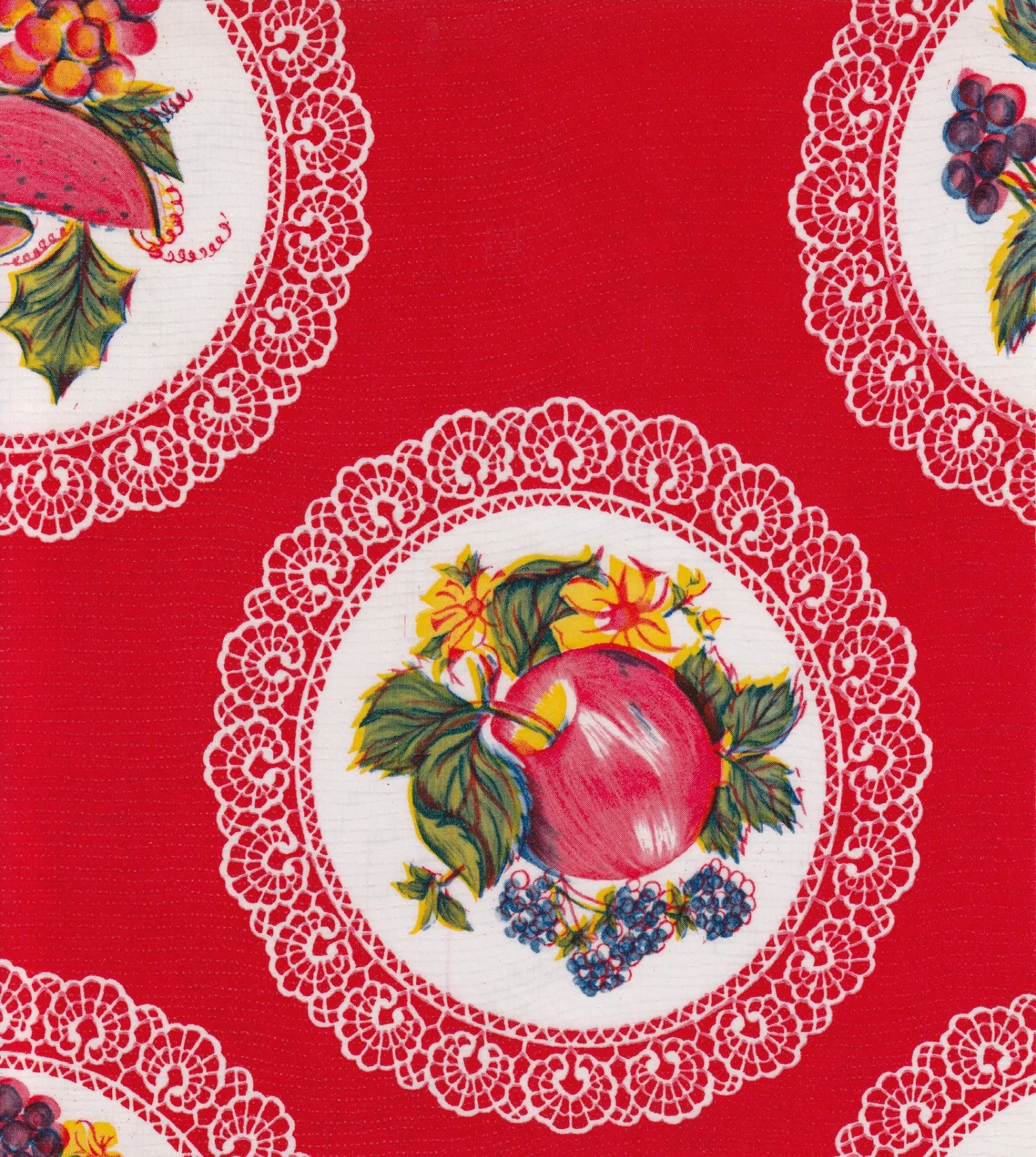 68" Round Oilcloth Tablecloth in Doily Red