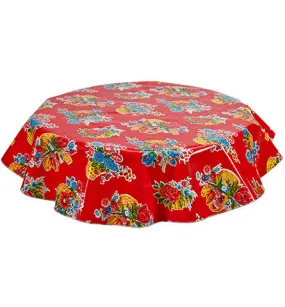 68" Round Oilcloth Tablecloth in Flower Basket Red