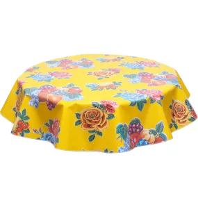 79" Round Oilcloth Tablecloths in Lemons and Roses Yellow