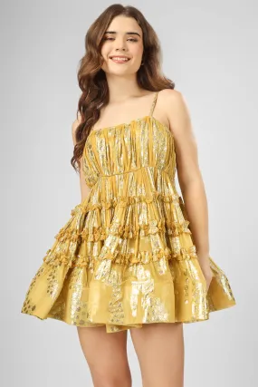 Bethan Metallic Printed Mini Dress in Yellow