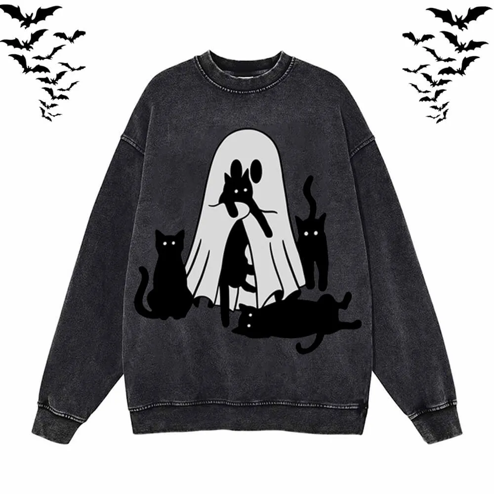 Black Cat Ghouls Vintage Washed Hoodie Sweatshirt