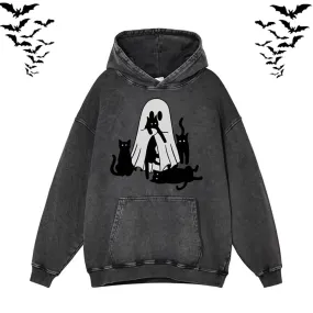 Black Cat Ghouls Vintage Washed Hoodie Sweatshirt