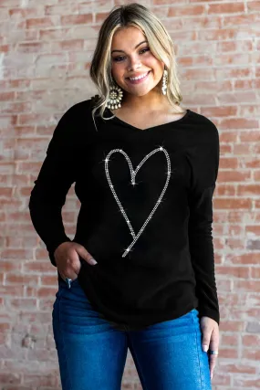 Black Heart Shaped Rhinestones Long Sleeve Top