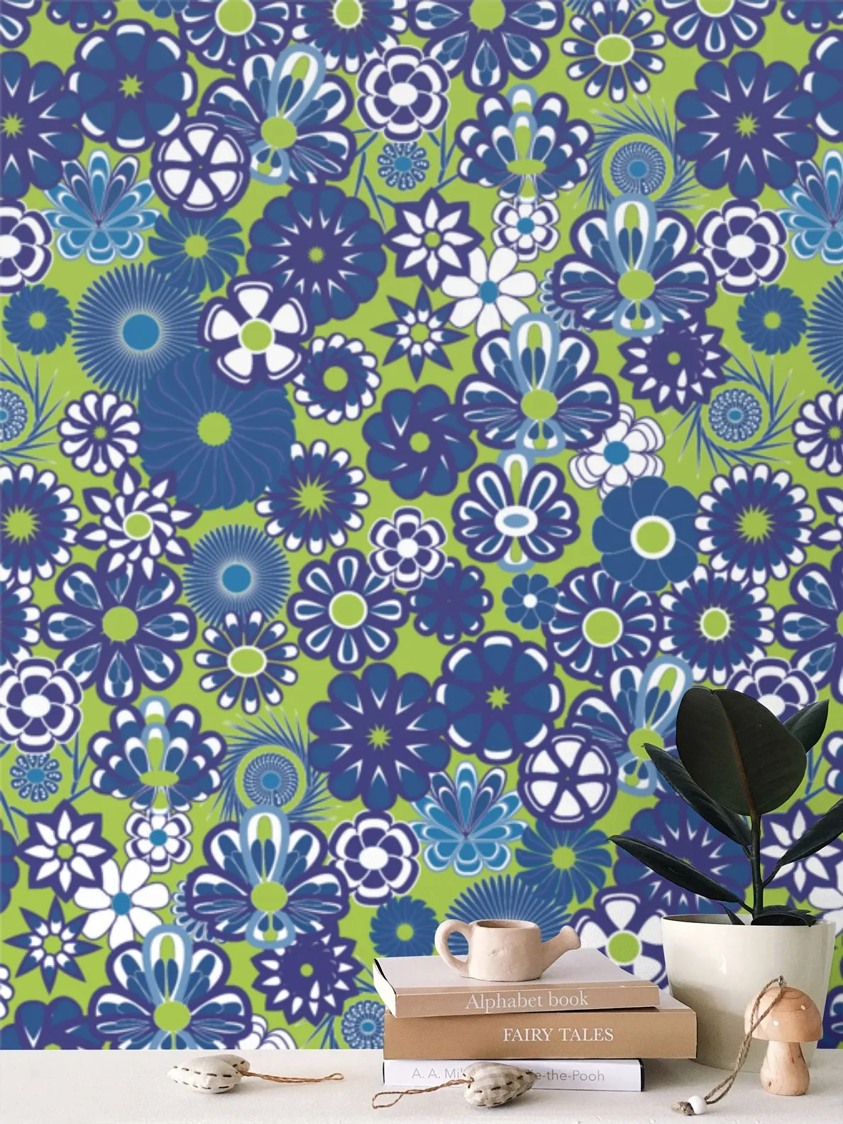 Blue Floral on Lime Wallpaper