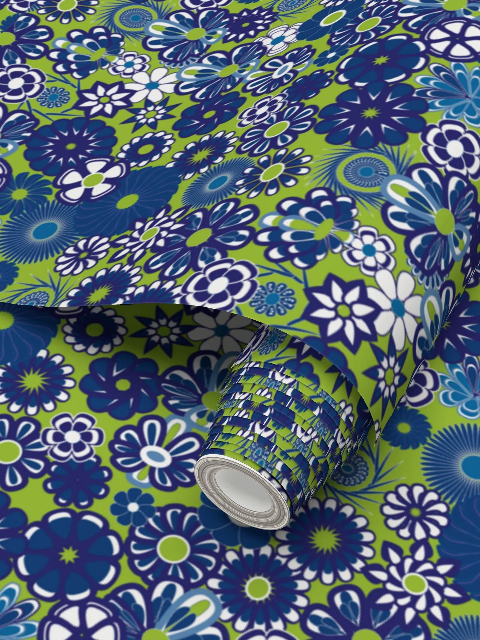 Blue Floral on Lime Wallpaper