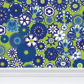 Blue Floral on Lime Wallpaper