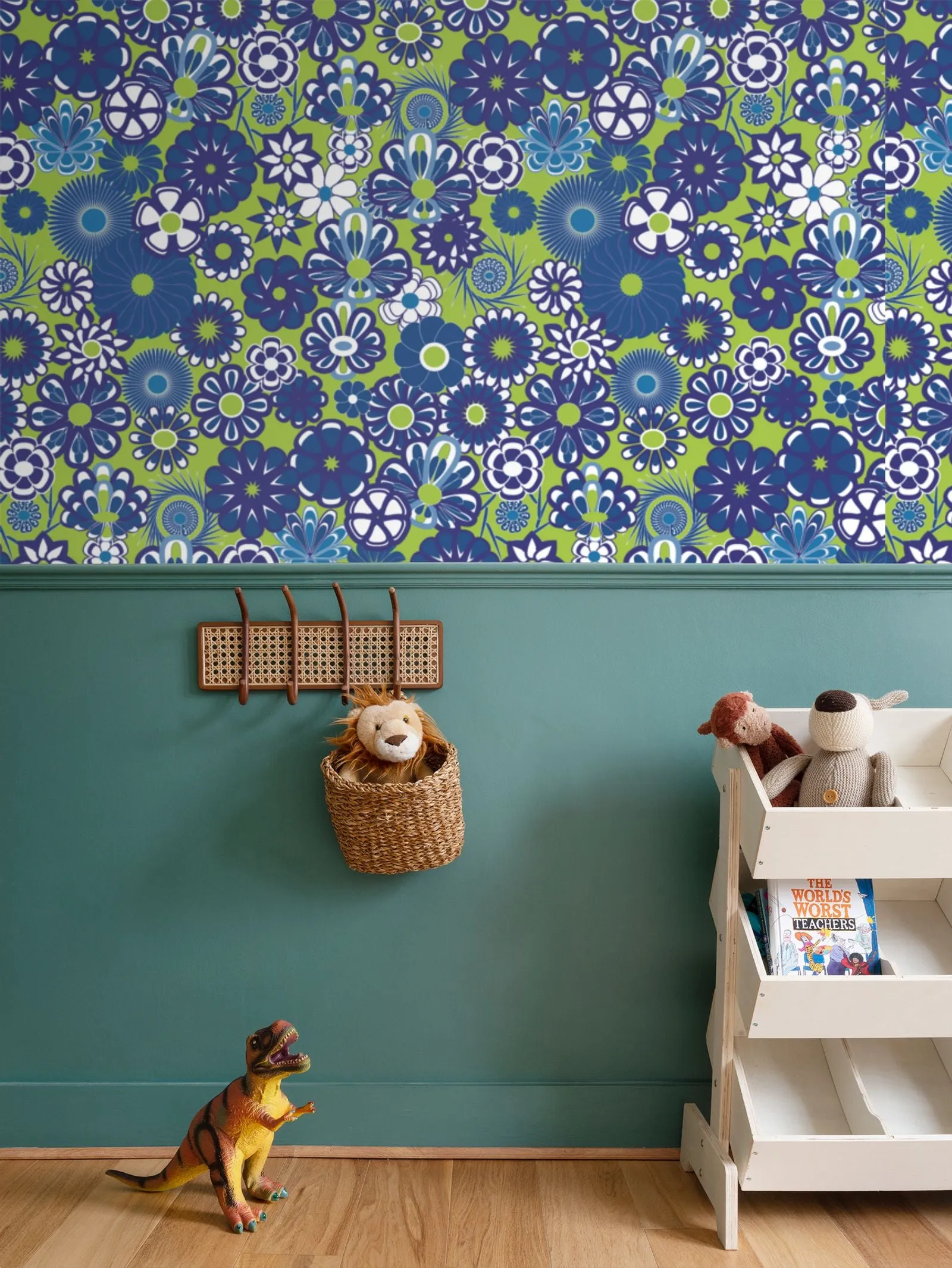 Blue Floral on Lime Wallpaper