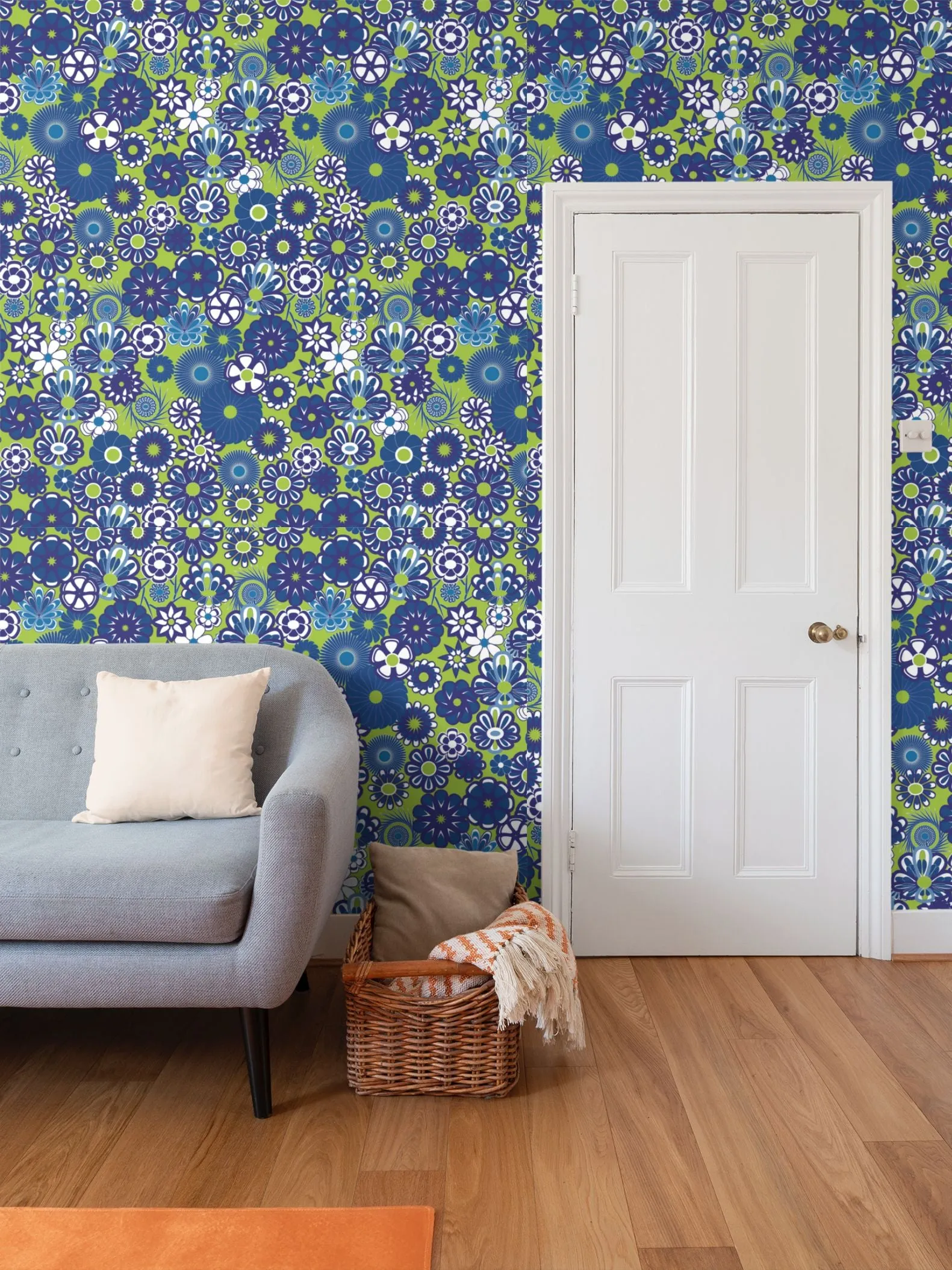 Blue Floral on Lime Wallpaper