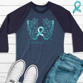 Cervical Cancer Awareness Filigree Butterfly 3/4 Sleeve Raglan Shirt