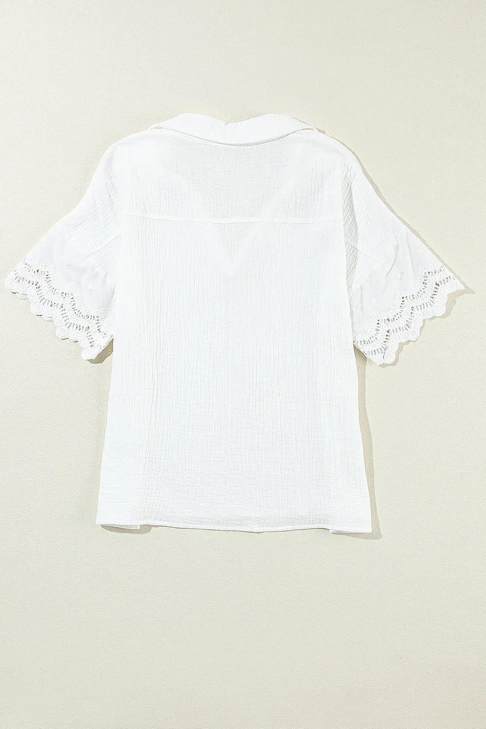 Crinkled Lace Collared V Neck Blouse