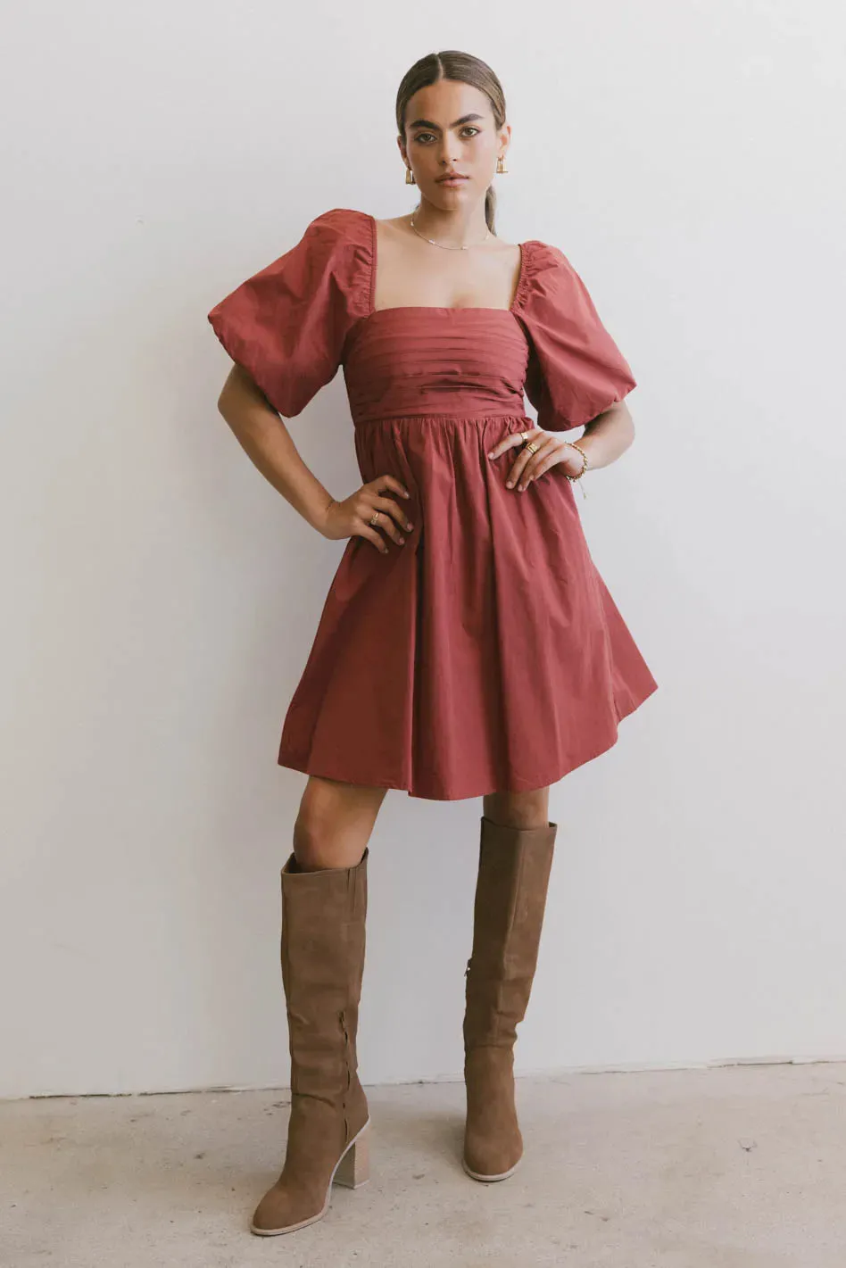 Dinah Pleated Mini Dress in Rust