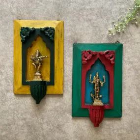 Distressed Wooden Double Green & Yellow Frame & Handcrafted Dancing Ganesha & Murugan Wall Hanging (Set of 4) - Decorative Wall decor