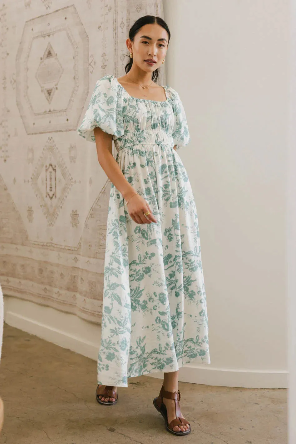 Dorothea Floral Midi Dress in Teal