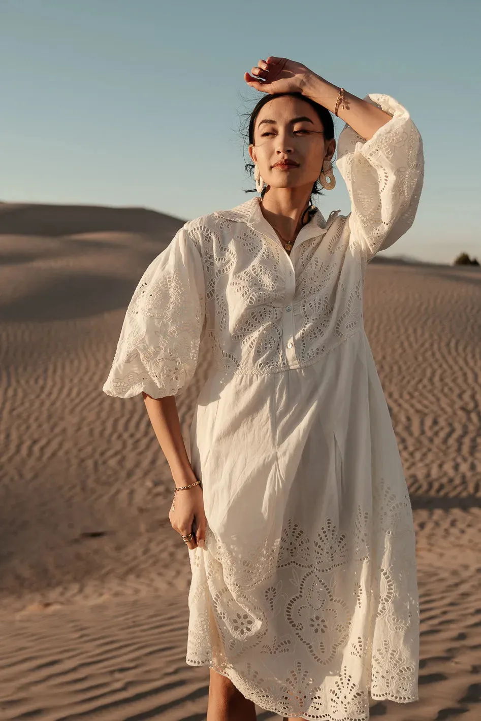 Eleanor Eyelet Lace Midi Dress in Cream