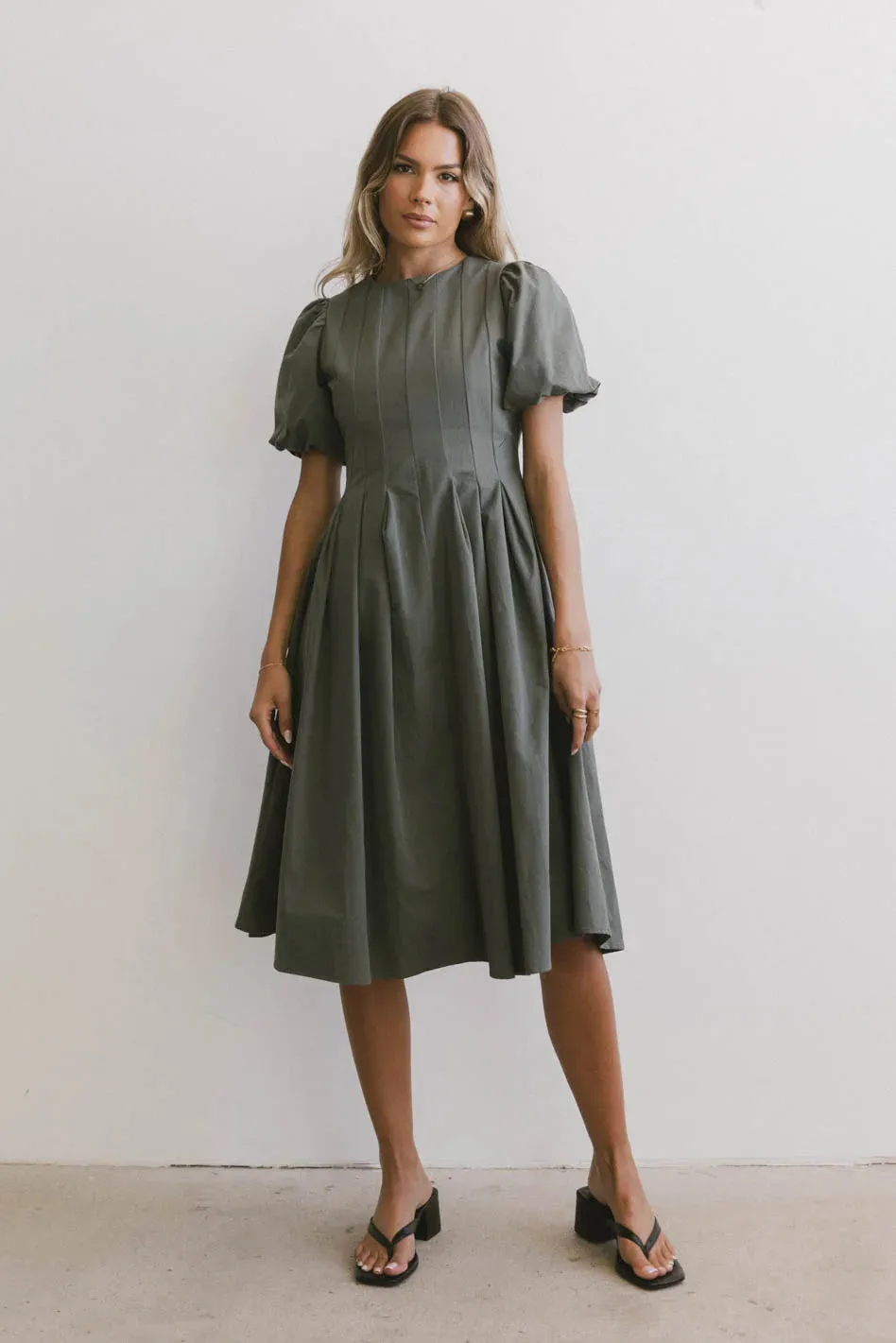 Eliana Pleated Midi Dress in Sage