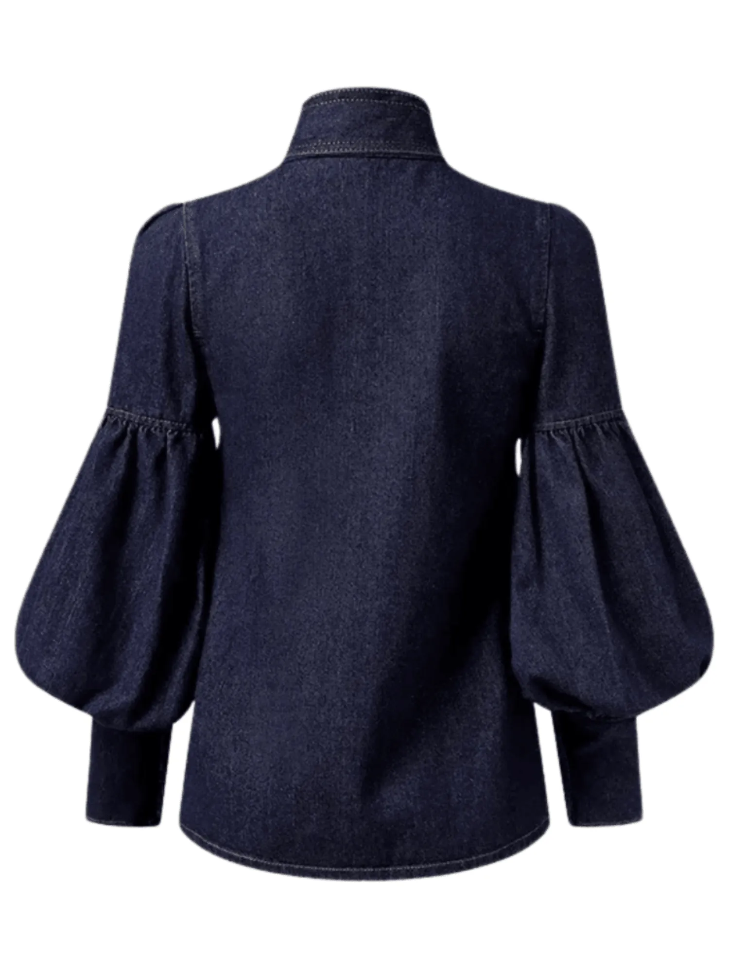 Fashion Blouse Women's Denim Puff Sleeve Tops For Urban Lady High Neck Shirts Tops Women