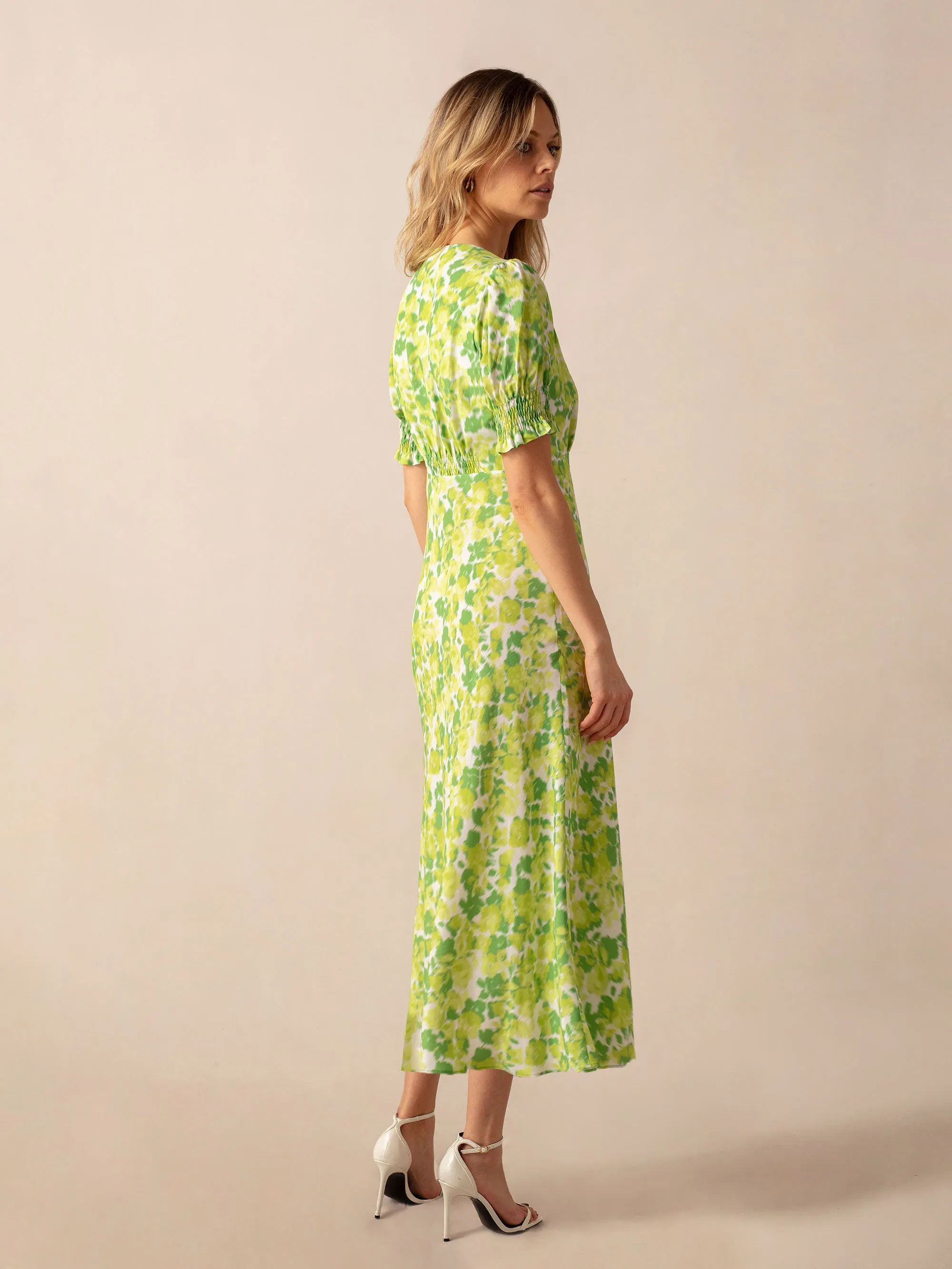 Green Botanical Floral Print Shirred Cuff Midi Dress