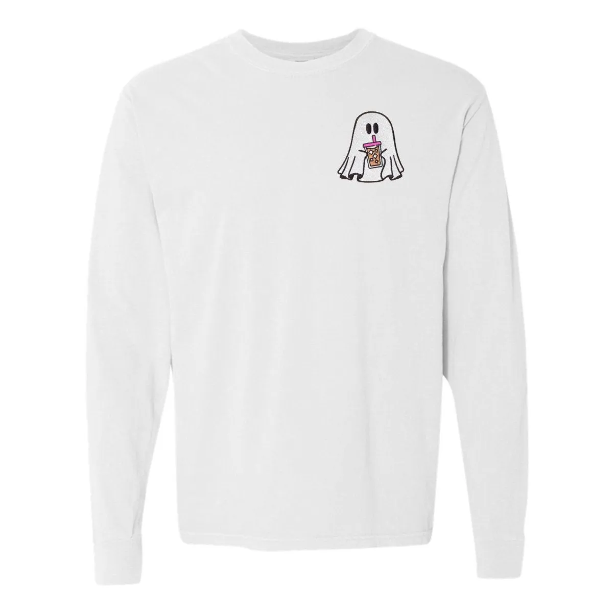 'Iced Coffee Ghost' Embroidered Long Sleeve T-Shirt