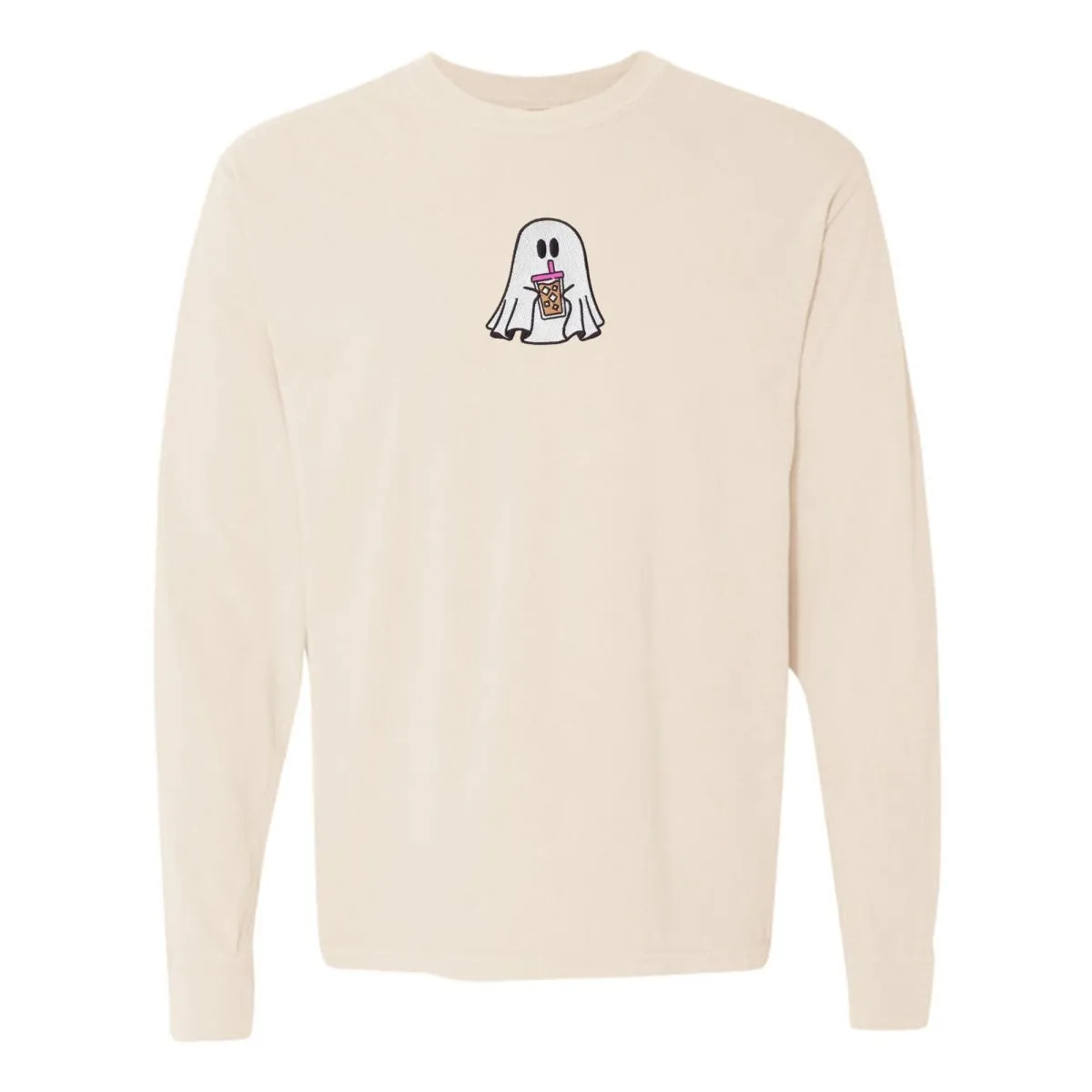 'Iced Coffee Ghost' Embroidered Long Sleeve T-Shirt