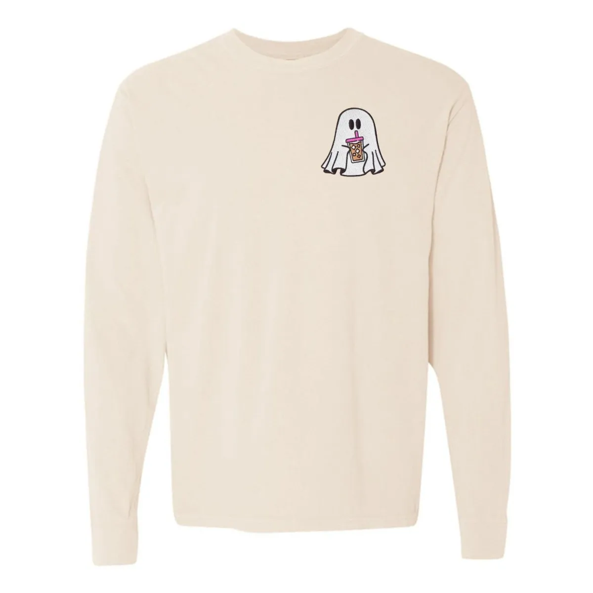 'Iced Coffee Ghost' Embroidered Long Sleeve T-Shirt