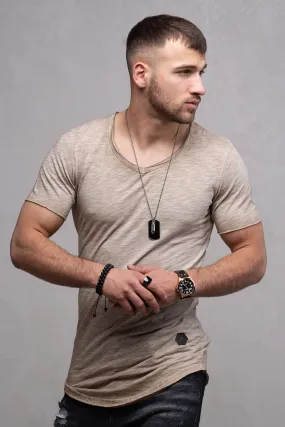 Longline T-Shirt V-Neck Beige 7102