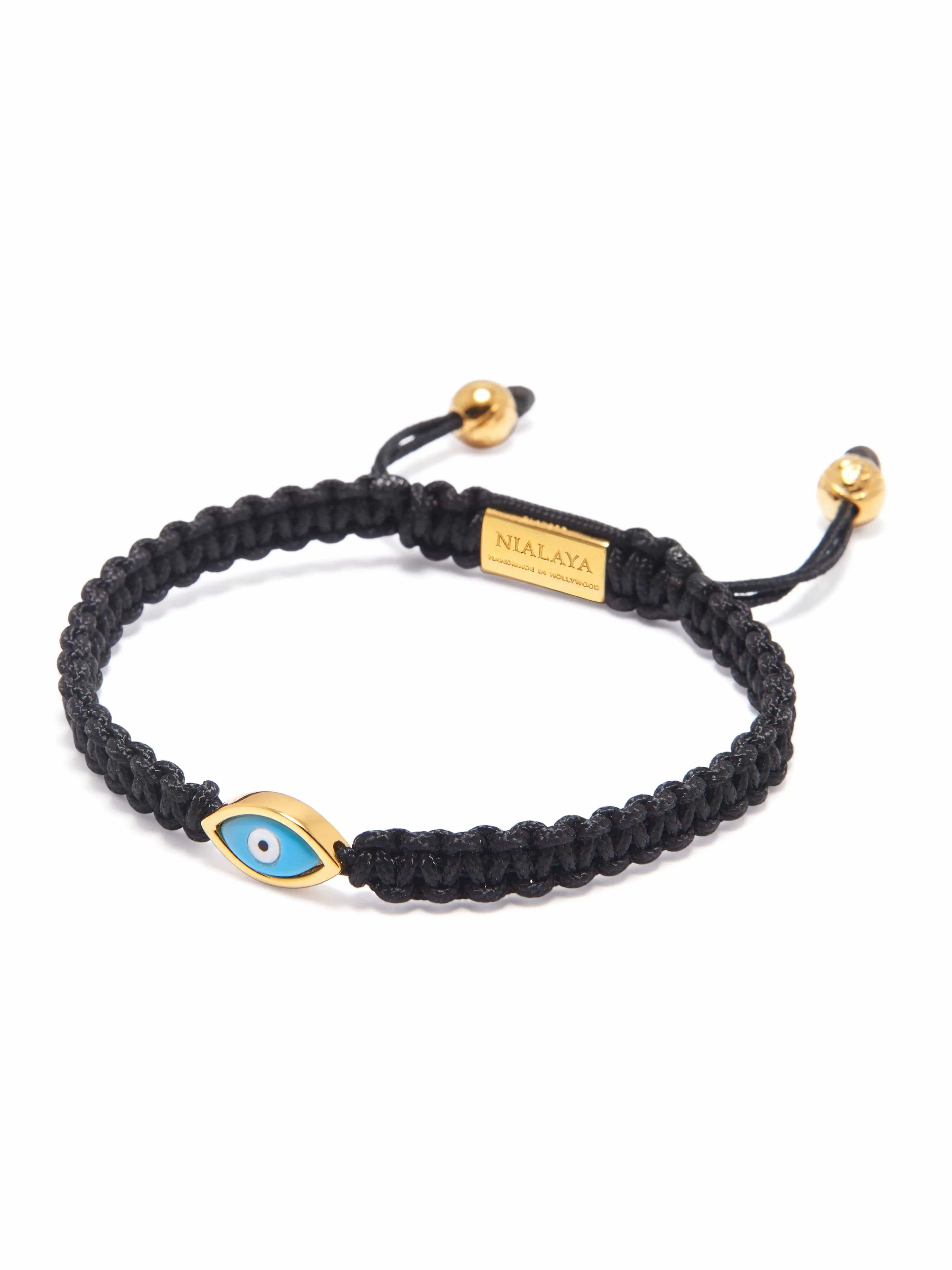 Men's Black String Bracelet with Gold Evil Eye