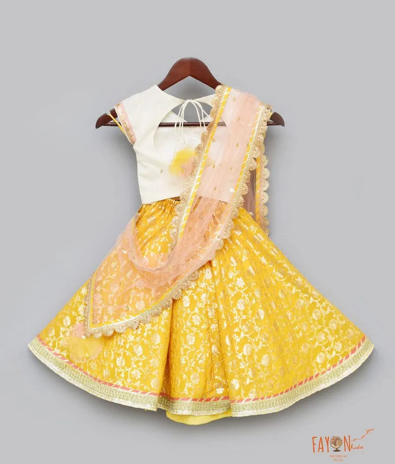 Off white Sequins Yellow Brocade Lehenga with Choli Boti Net Dupatta for Girls