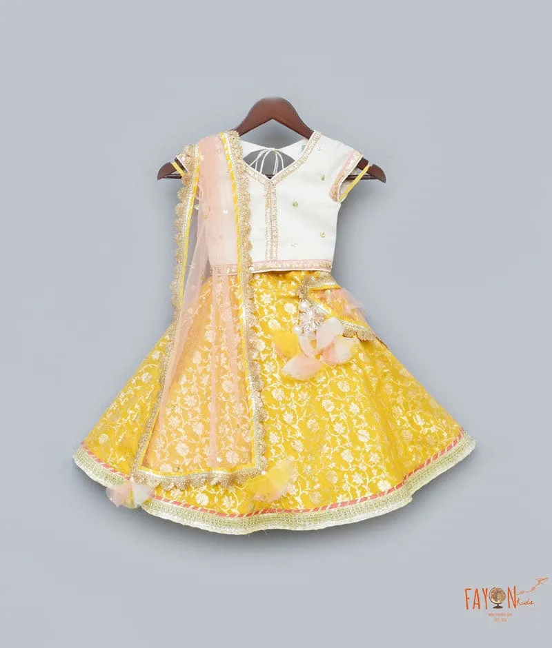 Off white Sequins Yellow Brocade Lehenga with Choli Boti Net Dupatta for Girls