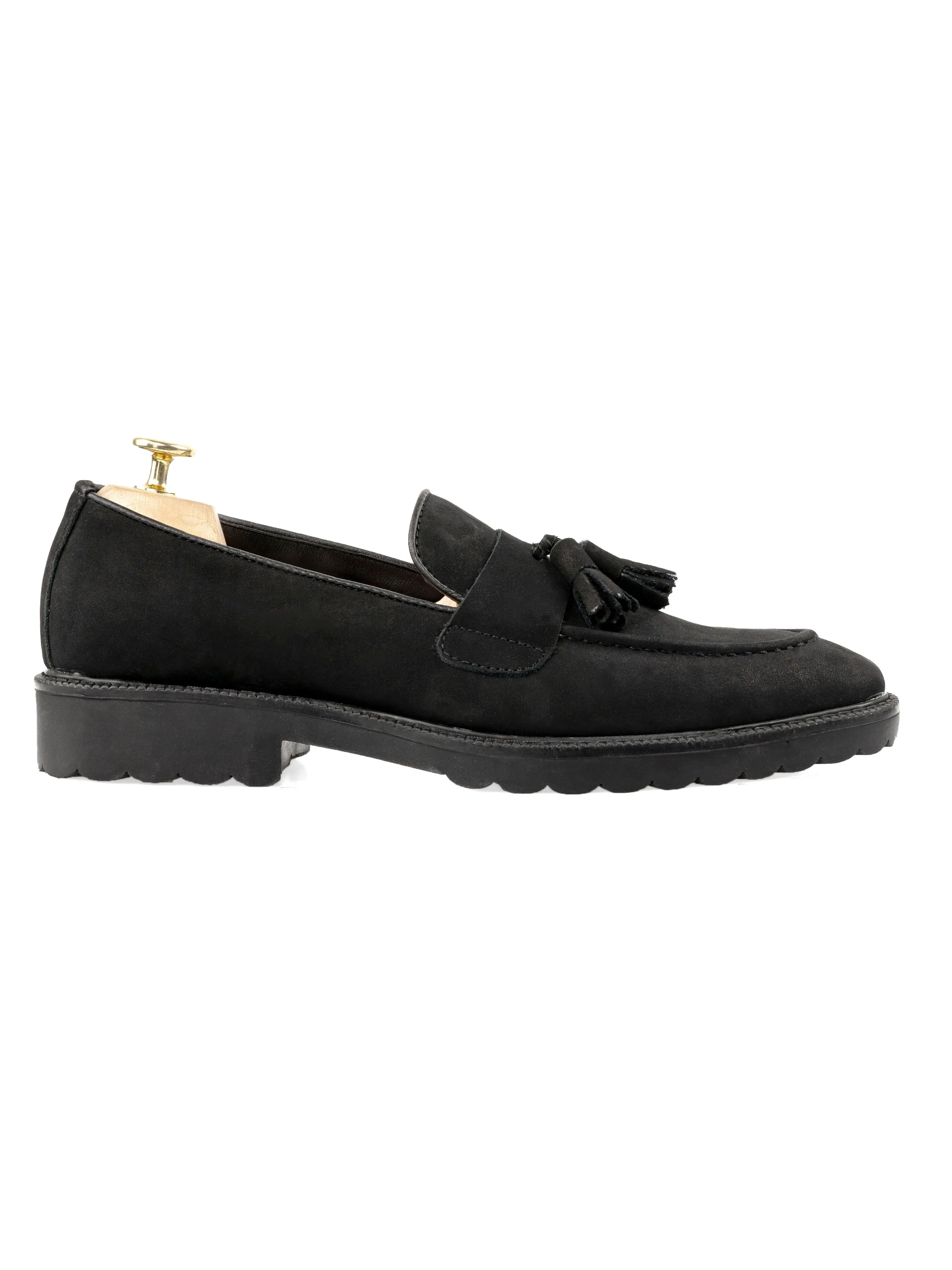 Rocky Tassel Loafer - Black Nubuck Leather (Combat Sole)