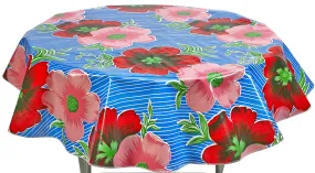 Round Oilcloth Tablecloth in Big Flowers and Stripes Blue