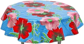 Round Oilcloth Tablecloth in Big Flowers and Stripes Light Blue