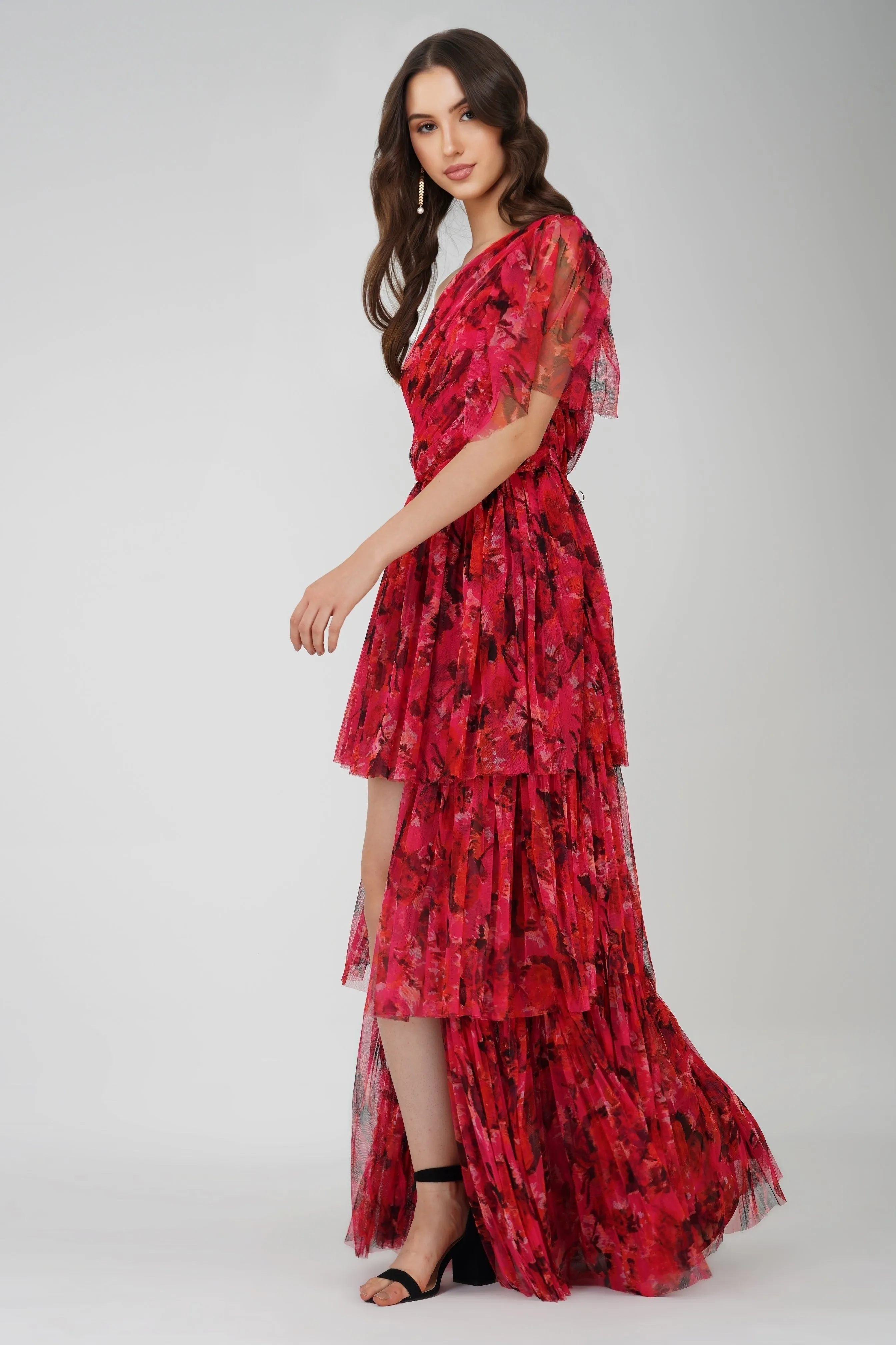 Rowena Red Pink Printed One Shoulder Maxi Dress